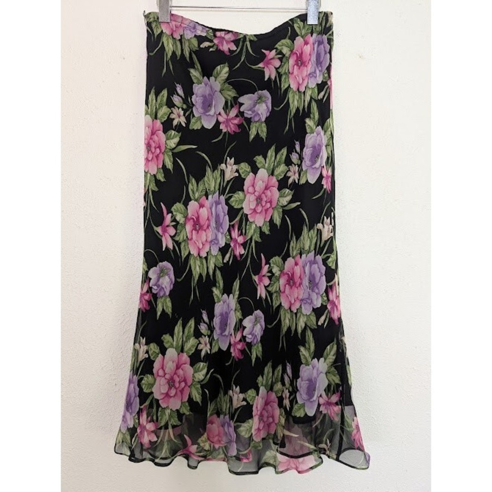 Vintage Allison Taylor‎ Women Silk Midi Skirt Large Black Dark Floral Fairy Y2K